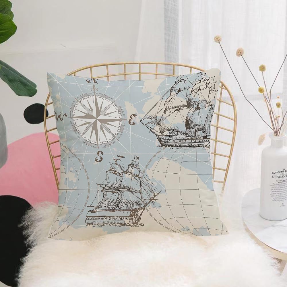 Hyosxw Sea Seamles With Old Marine Symbols Compass - A2 Cushion Cover,Throw Pillow Case Home Decorative For Living Room Bedroom Sofa Chair 18X18 Inch,Sea Seamles With Old Marine Symbols Compass And Ship.,Pillowcase 45X45cm