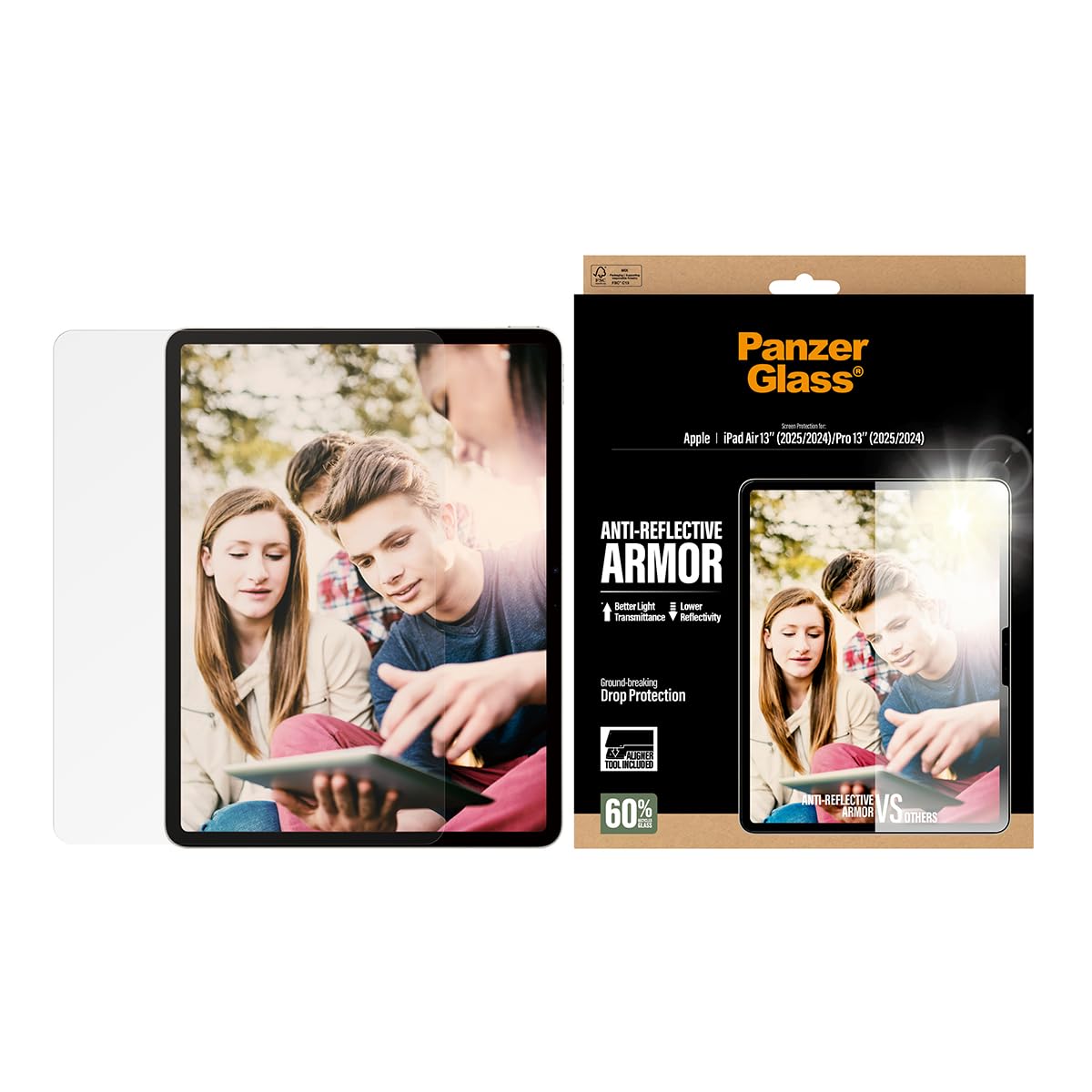 PanzerGlass Protector de pantalla antirreflectante para iPad Air de 13 pulgadas M3/M2 y iPad Pro de 13 pulgadas M4 | Cristal templado de pantalla completa, protección contra caídas y arañazos