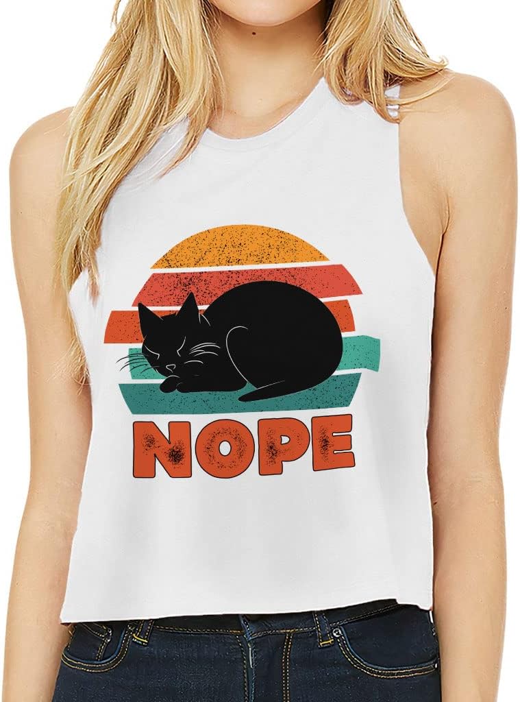 Cat Print Racerback Cropped Tank - Lazy Women's Tank - Art Tank Top - White, XL