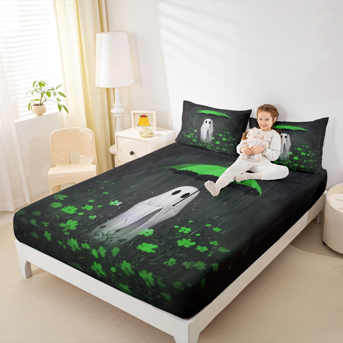 Gothic Fitted Sheet Halloween Ghost Full Size Bed Sheets - Green Umbrella Jungle Flowers Boho Floral Bedding Set,Halloween Decorations