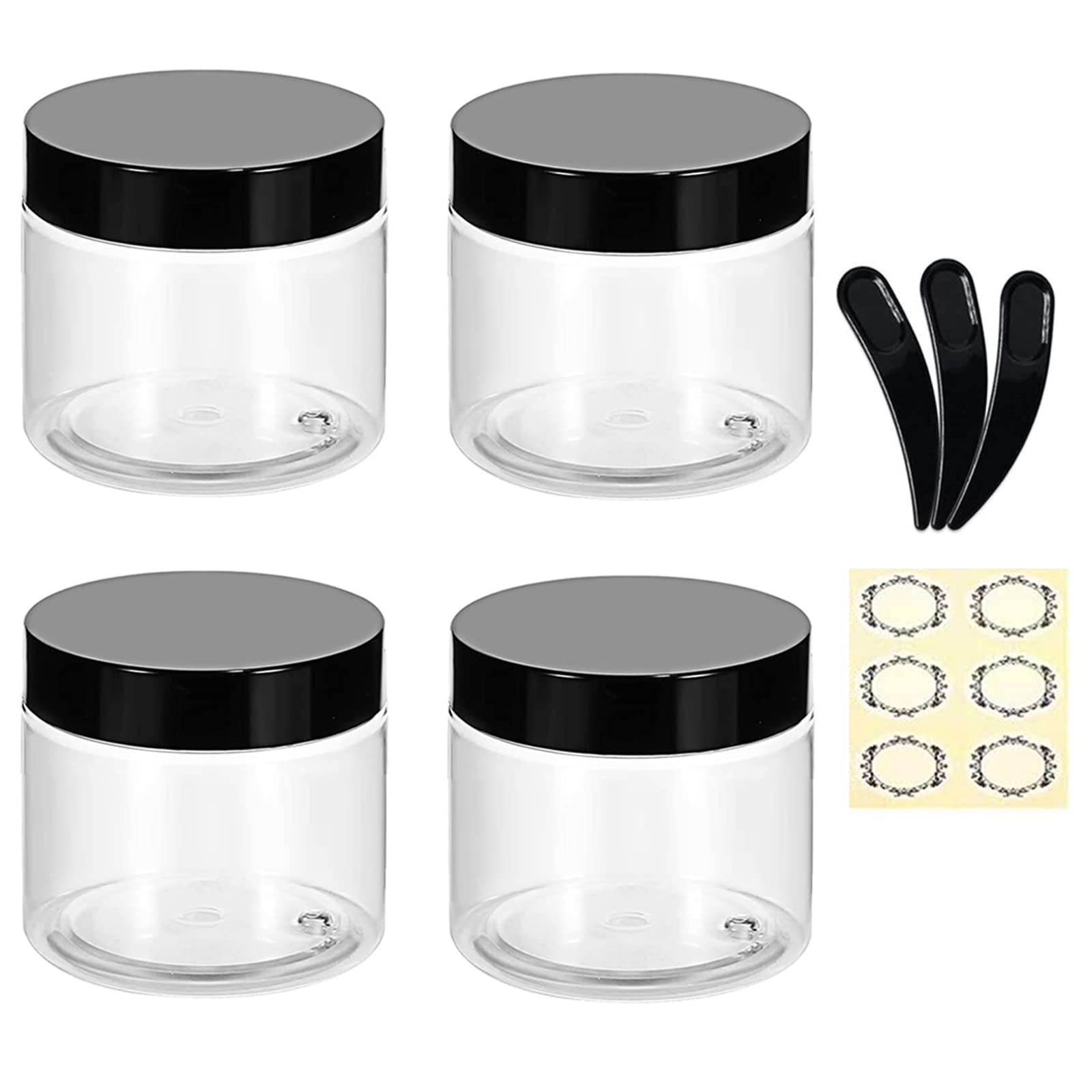 Alledomain 120Ml * 4Pcs Jars With Black Lids 4Pcs 120G/120Ml Clear Plastic Jars With 3Pcs Mini Spatulas & Labels Round Cosmetic Sample Container With Inner Liners & Black Lids For Lotions Cream Ointments Travel Makeup Beauty Storage