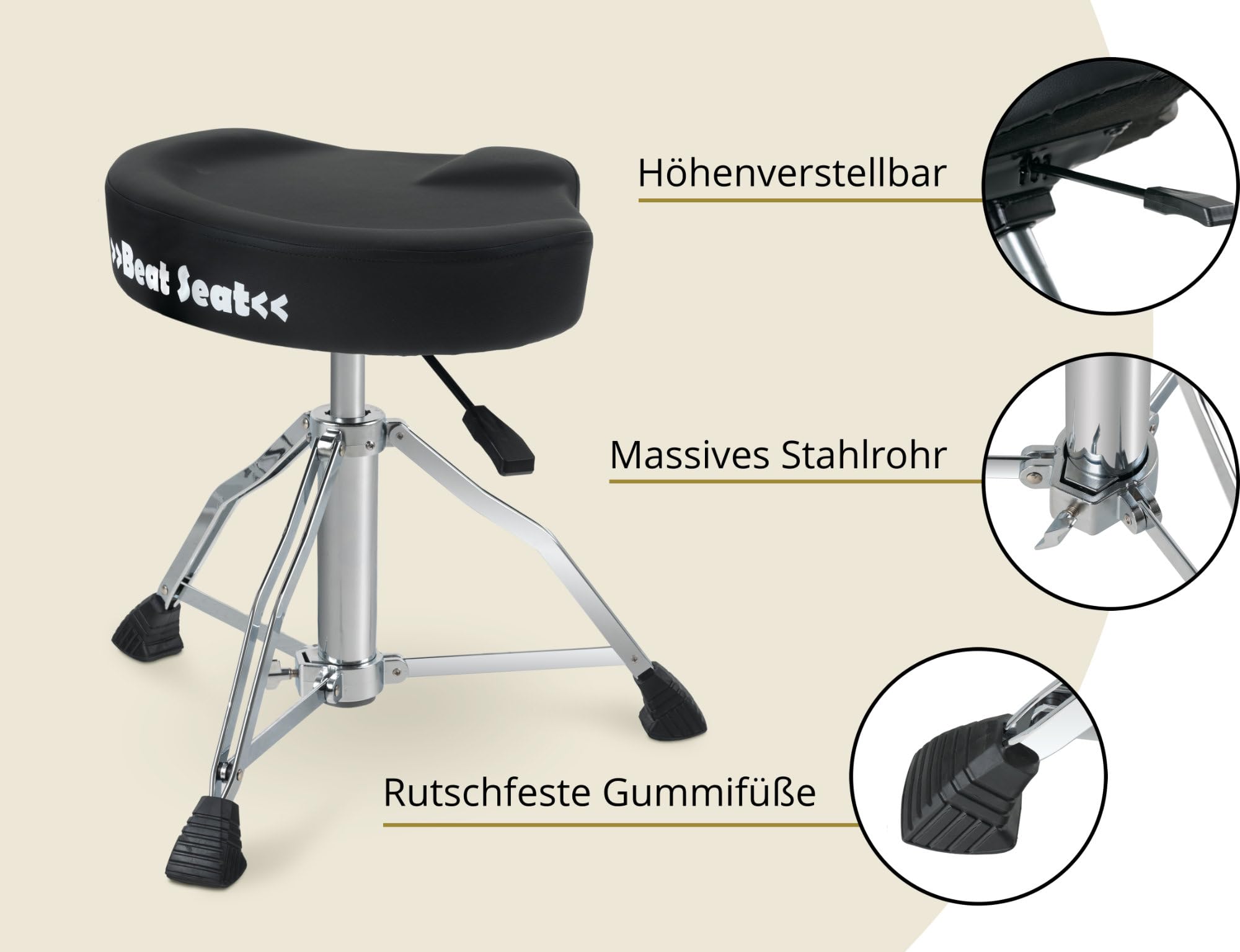 XDrum BeatSeat Tabouret De Batterie - Tabouret Pneumatique - Assise en Forme De Selle - Revêtement en Similicuir Noir - Réglage en Hauteur De 45 À 60 Cm