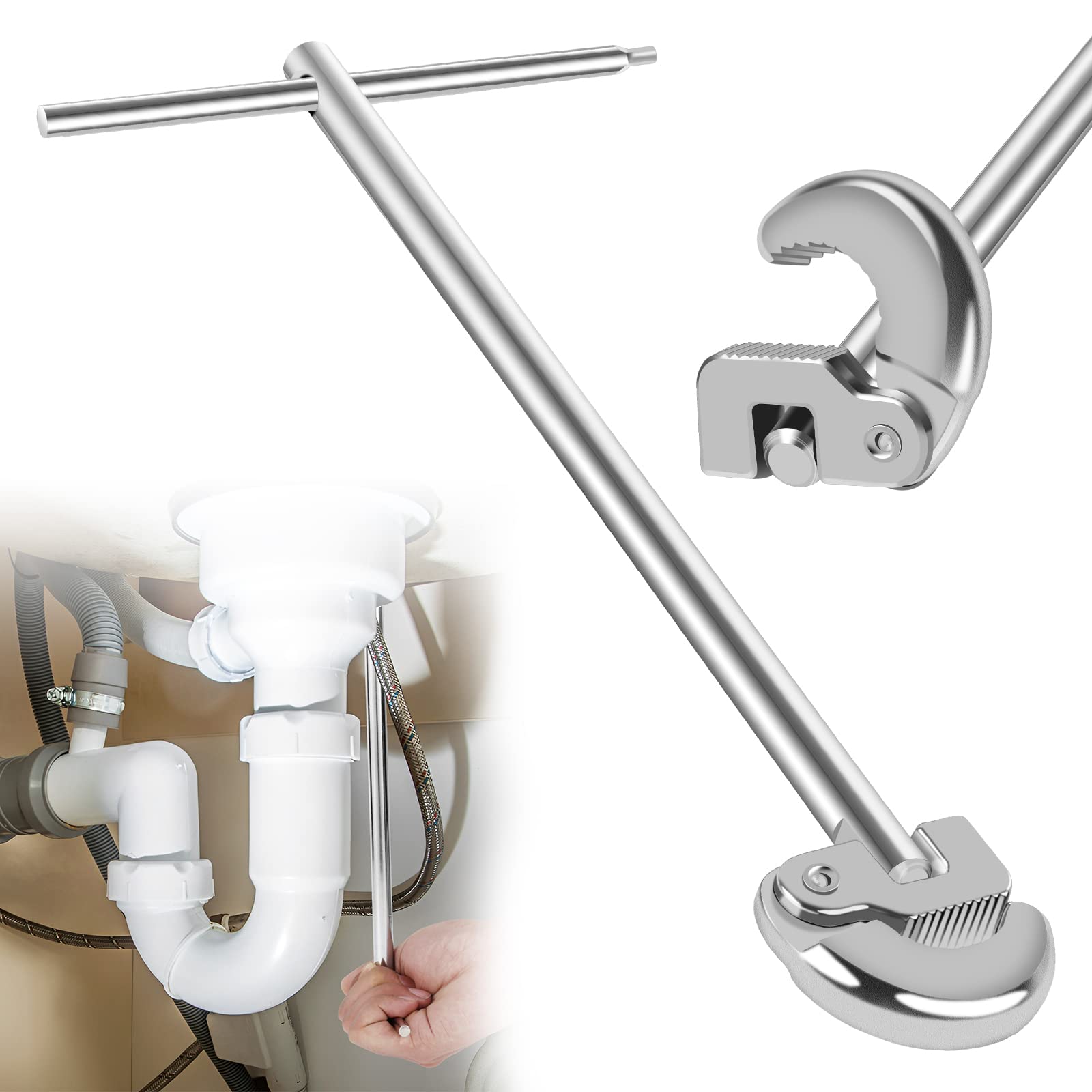 Clé de lavabo rotative à 180 degrés réglable en acier au carbone robuste pour robinet de robinet, outil de réparation universel pour évier, salle de bain, cuisine (argenté)