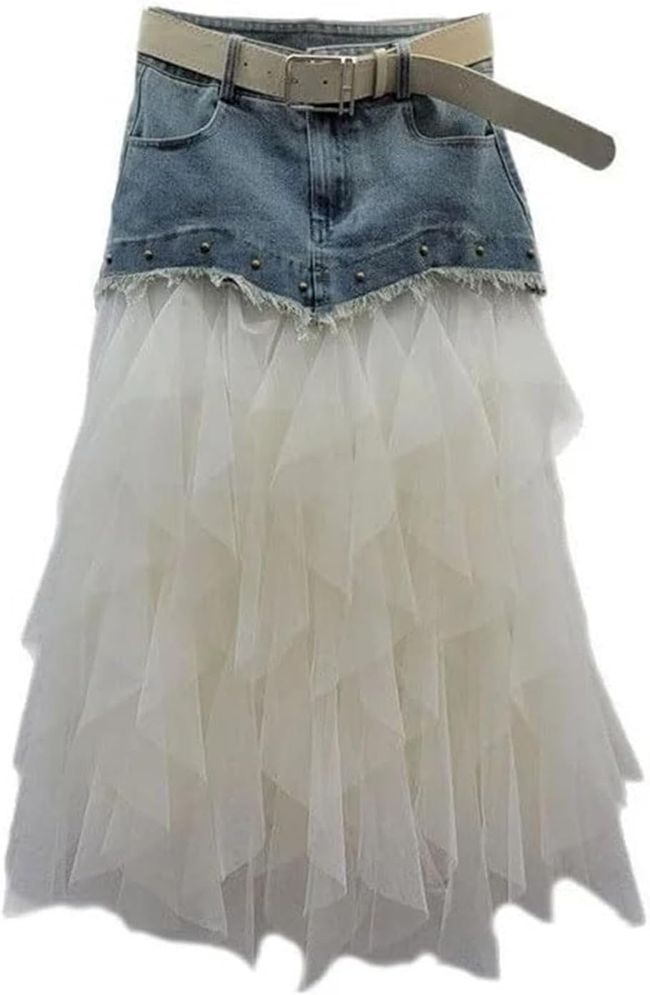 Women's Irregular Denim Tulle Skirts High Waist Mid-Length Mesh Pleated Mini Skirts Denim Patchwork Skirt
