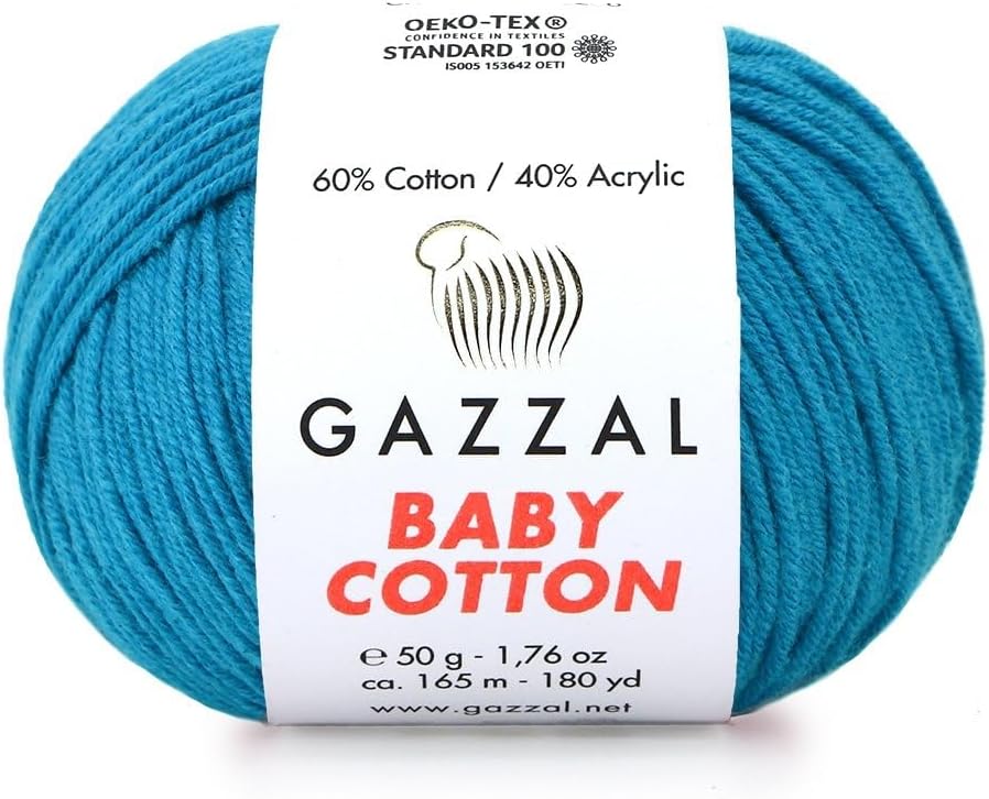 3 Pack (Skein) Gazzal Baby Cotton, 60% Cotton 40% Acrylic, Each Ball 1.76 Oz (50g) / 180 Yards (165m), DK- Worsted, Knitting Yarn, Amigurumi Yarn, Baby Yarn, 3428