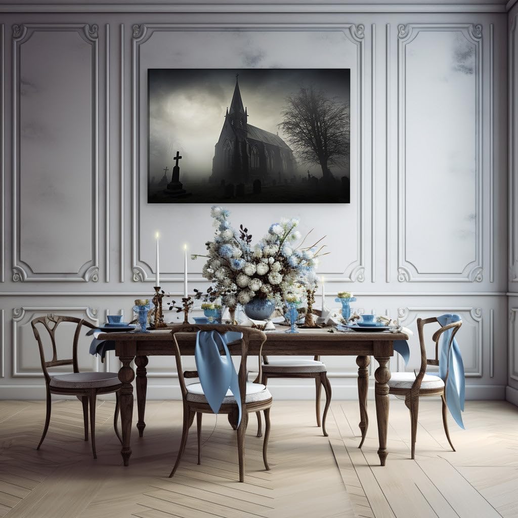 Canvas for Living room. Whispers from the Graveyard: Unveiling the Mystique of the Gothic Church Sanctuary, 27 x 18 inch Canvas Wall Art - Modern Home Decor