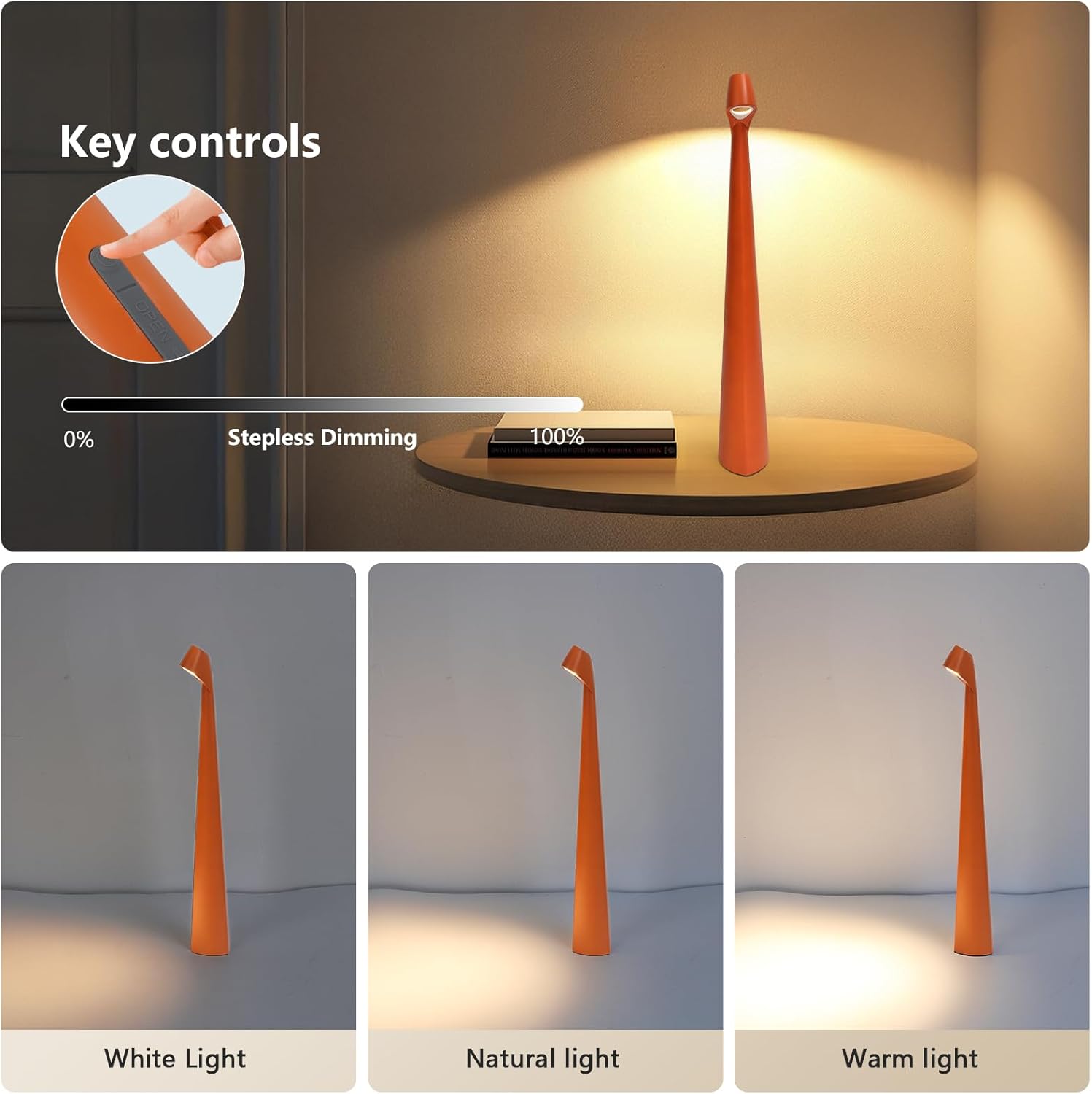 Portable Red Orange Table Lamp 3-Levels Brightness, Rechargeable Battery Up to 48 Hours Usage, Night Light for Kids Nursery, Bedside Lamp, Bedside Lamp.Desk Lamps Outdoor Portable Touch Lamps(Orange)