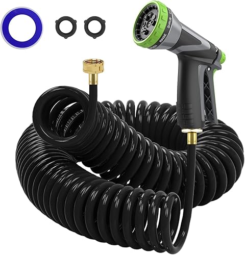 Miniatura 11 de Manguera de bobina, manguera de jardín de bobina EVA de 3/8" de 25 pies, manguera de agua rizada ligera con conectores de metal y asa giratoria,