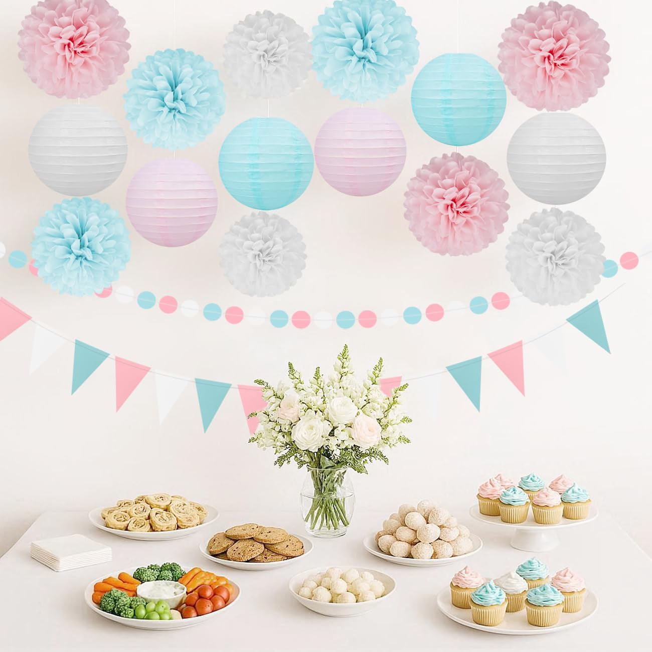 White Blue Pink Party Decorations - 17pcs Tissue Paper Flowers Pom Poms Lanterns Gender Neutral Baby Gender Reveal Party Supplies Gender Reveal Theme Decor Birthday Hanging Decor Ideas