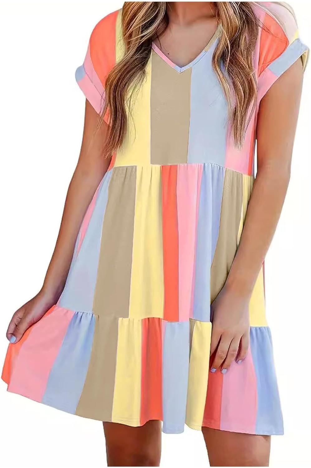 Size XL Color multi Womens Summer Multicolor V Neck Short Sleeves Casual Babydoll Knee-Length Dress Color Block Stripes Tiered Swing Mini Dresses