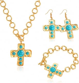 Turquoise Western Cross Jewelry Set, Gold Chain Necklace Earrings Bracelet