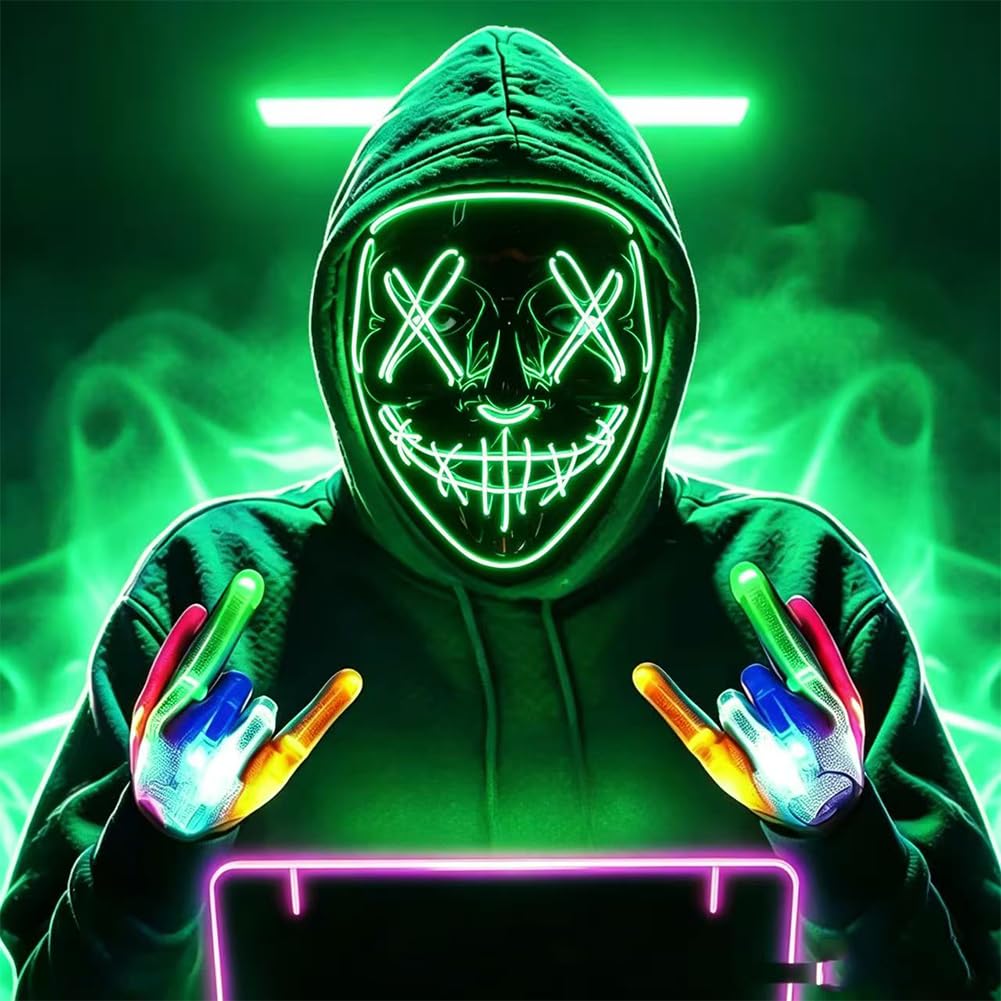 HATFRYF Halloween Masks LED Mask & Gloves in Multiple Light Modes, Light up Scary Mask Gloves, Glowing Horror Smile Masks, Costumes for Men Adults, Anonymous Neon Halloween Gifts - green — image 1