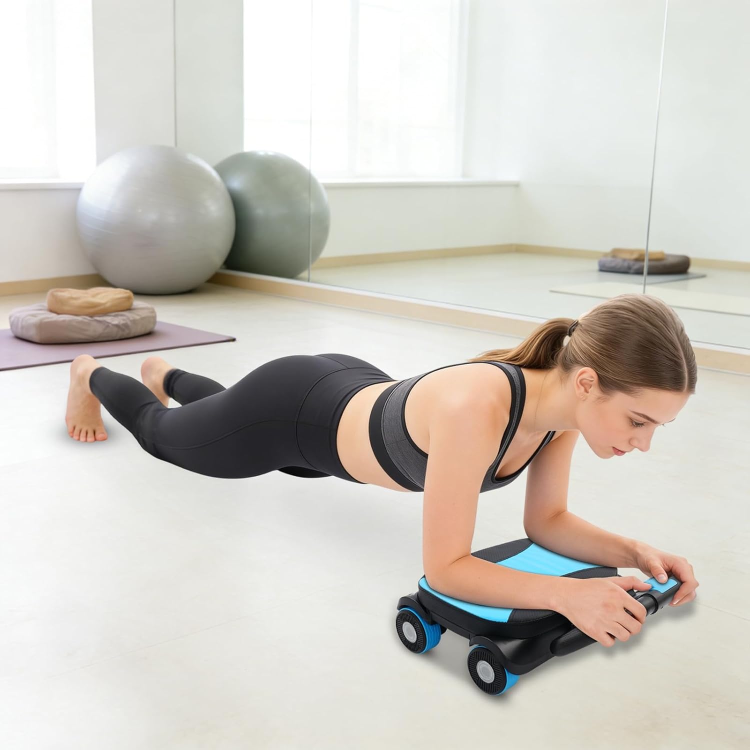 4 Wheels Abdominal Roller with Elbow Support, 330lbs Heavy Duty Rebound Abdominal Wheel Roller, Core Workout Equipment with Foldable Handles Phone Holder Fits for Home Gym