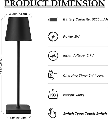 Miniatura 3 de Paquete de 2 lámparas de mesa LED inalámbricas recargables, funciona con pilas de 5200 mAh, lámpara de mesa, carcasa de aluminio, atenuación