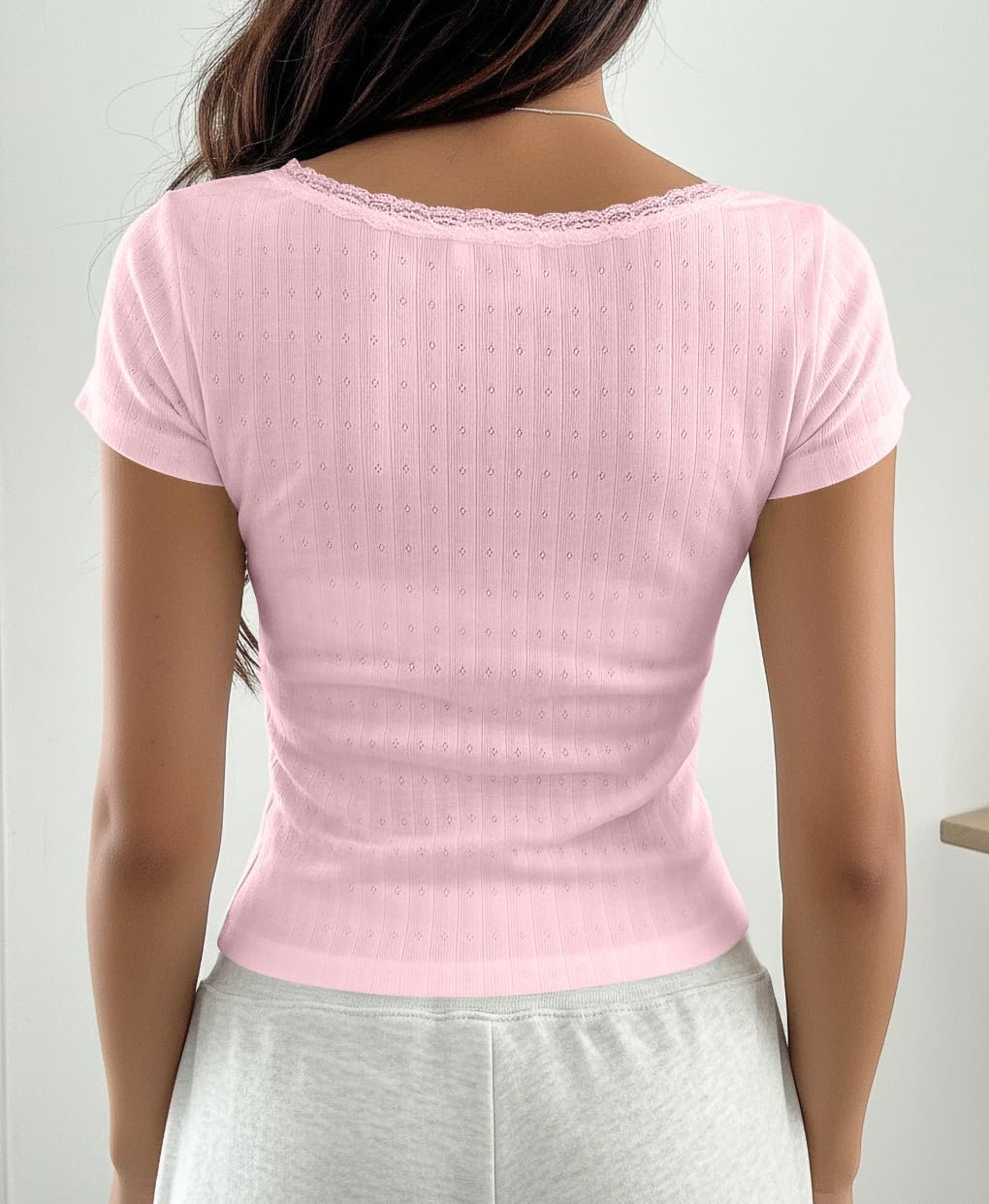 Women Y2k Lace Trim Scoop Neck Short Sleeve Henley Baby Tee Shirts Button Front Preppy Pointelle Fitted Crop Tops - Image 3