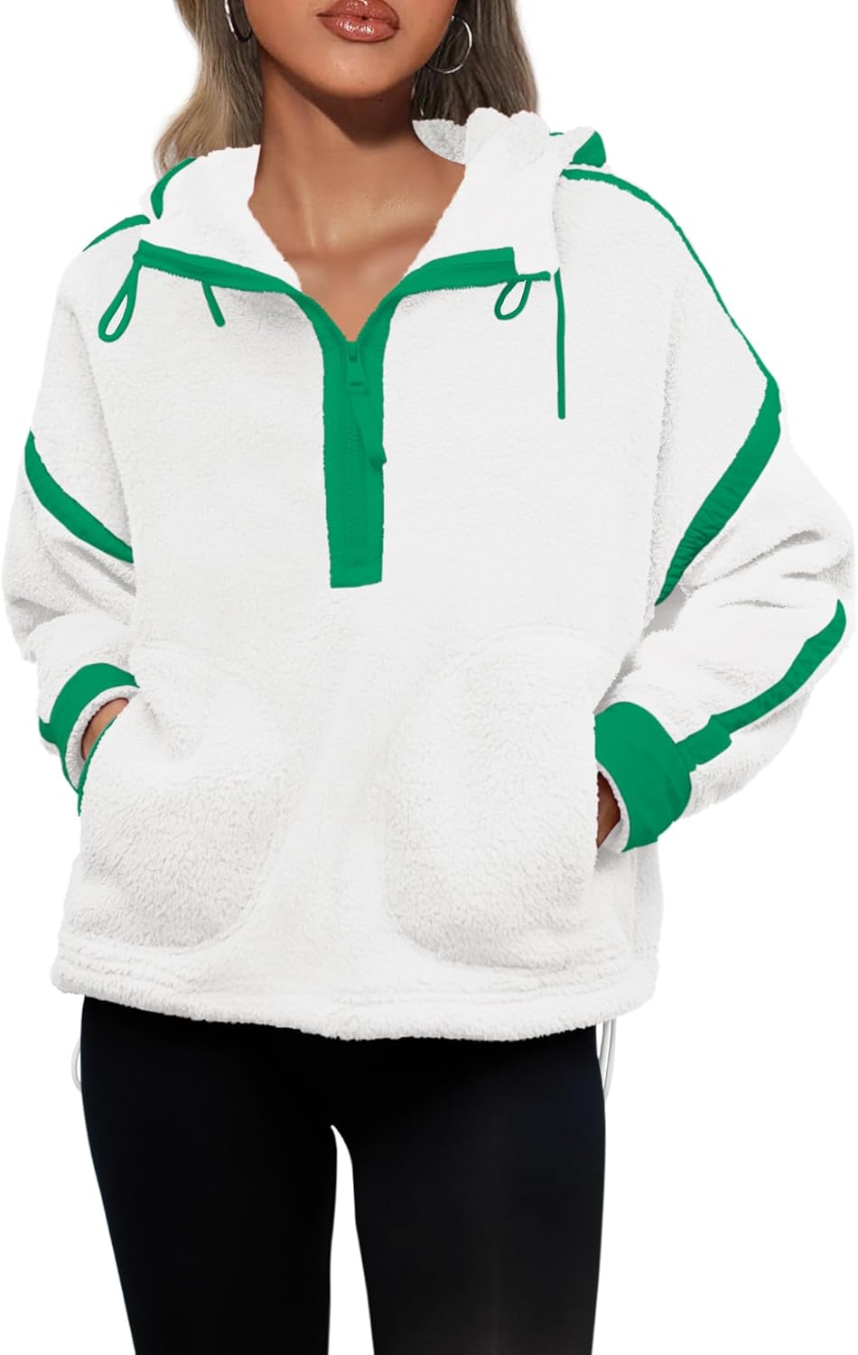 Panadila Womens Half Zip Fleece Pullover Oversized Hoodies Fuzzy Hooded Sweatshirt Cozy Sherpa Jacket - Image 2