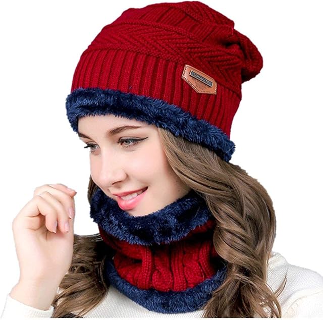 Kyowoll Unisex Winter Thermal Beanie Hat and Circle Scarf Set Knitted Beanie Circle Loop Infinity Scarfs Neck Warmer Ski Snowboard Warm Winter For Men Women