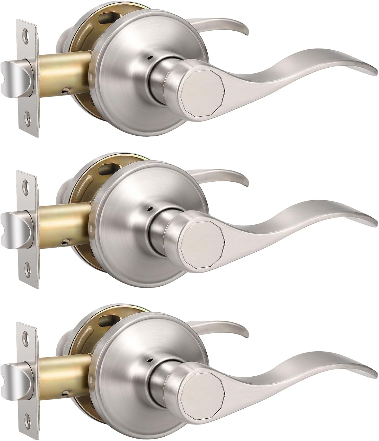 Knobonly 3 Pack Passage Door Handles Interior, Hallway Closet Door Leverset Brushed Satin Nickel Finish Zinc Alloy, Keyless Door Handle Sets