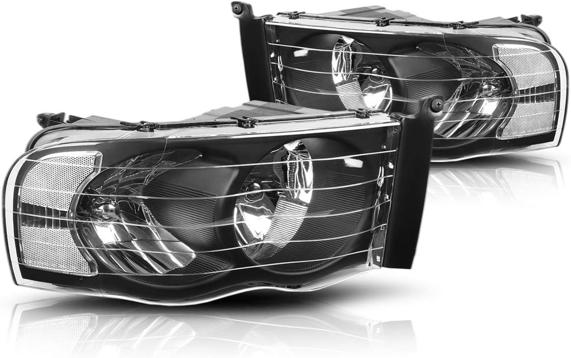 PM PERFORMOTOR 2Pcs Replacement Headlights Assembly Compatible with Dodge Ram 02-05 | Headlamps with Black Housing Clear Corner