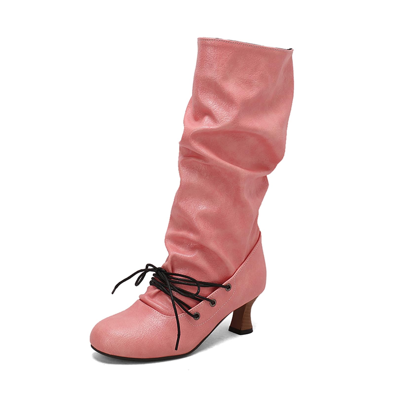 Alyaafifa Slouchy Knee High Boots for Women Wide Calf Low Heel Long Boots Round Toe Pull On Kitten