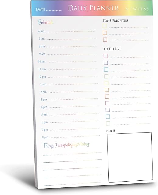 Daily Planner & organiser desk pad with 50 undated A5 tear-off pages Boost productivity and stay on track with daily schedule, to do list, notes and more (Rainbow)