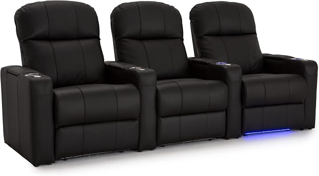 Seatcraft Venetian Home Theater Seating Black Row of 3 | Italian Leather, Power Recline, LED Lights, USB-A charging