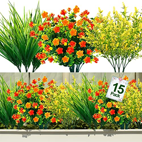 Turnmeon 15 Bundles Artificial Flowers Plants Outdoor Uv Resistant Fake Flowers Spring Summer Decoration Plastic Grass Plants Faux Shrubs Greenery For Porch Planters Window Box Home Garden(Mix Color) #TOP26