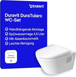 Duravit DuraTularo Wand WC-Set, WC Keramik und WC-Sitz mit Absenkautomatik, Toilette wandhängend, Klo mit offener Befestigung, Kloschüssel und Klodeckel, Weiß Hochglanz