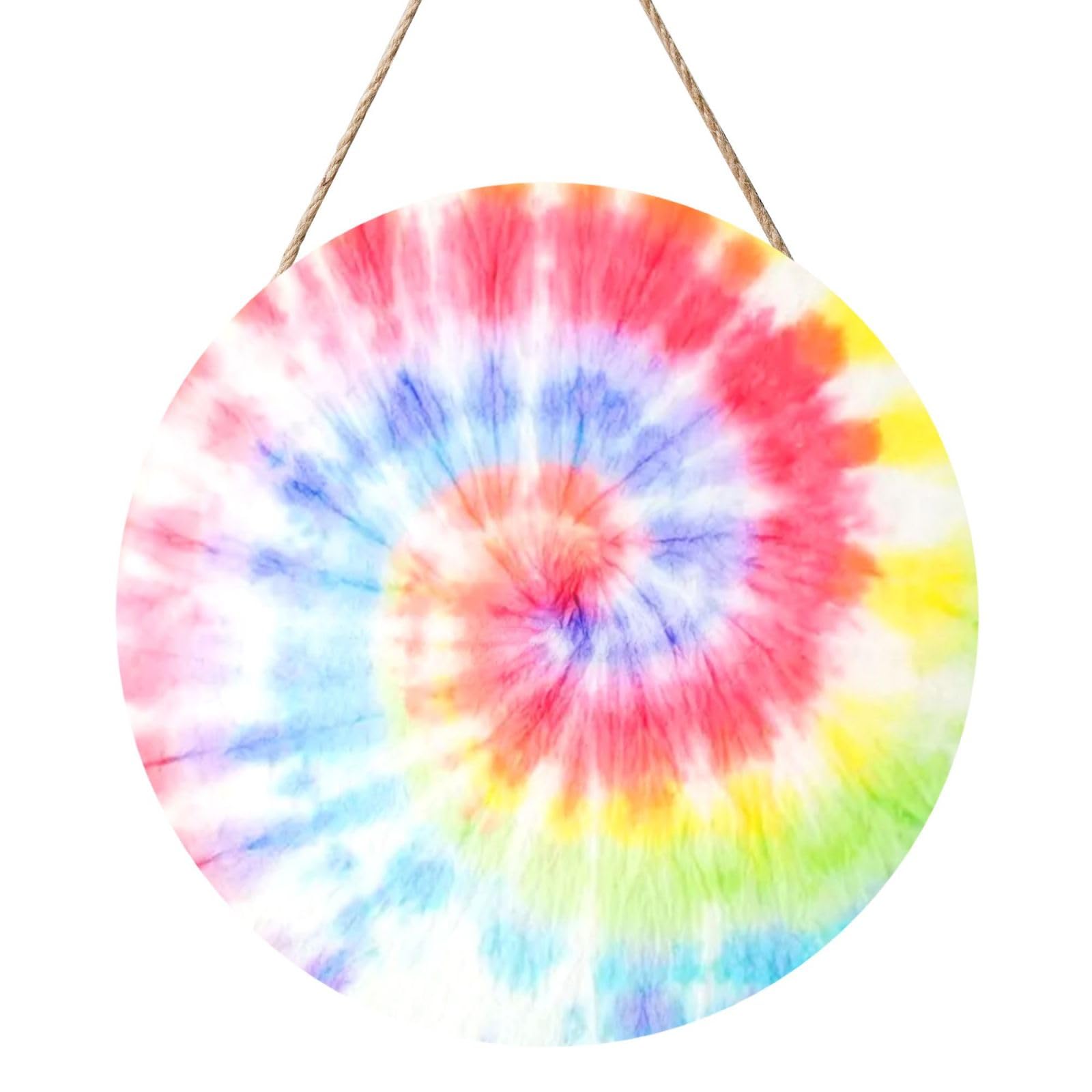 InOmak Tie Dye Rainbow Spiral Swirl, Round Wood Panel Painting 12 in, Wall Hanging Painting For Home