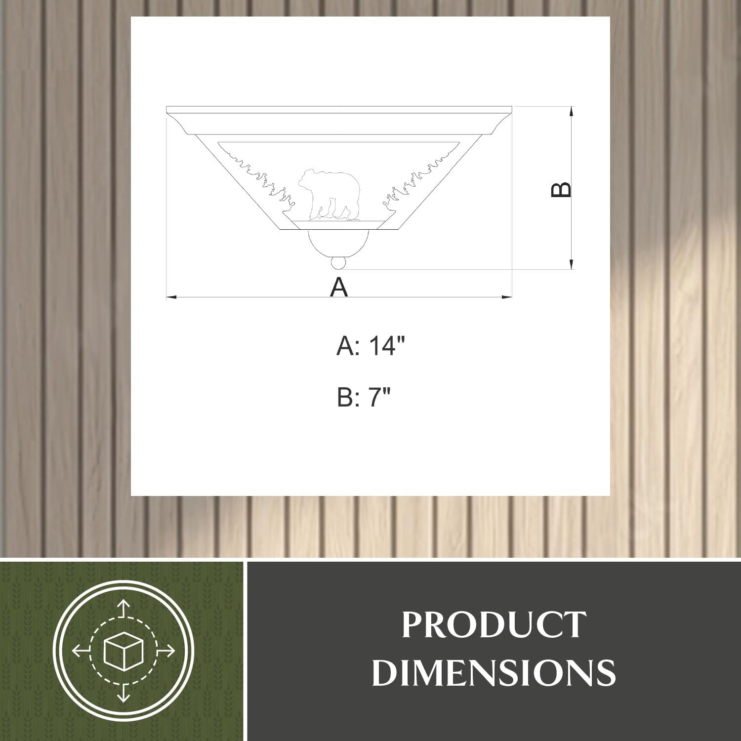 Diagram showing product dimensions: 14 inches for width (A) and 7 inches for height (B)