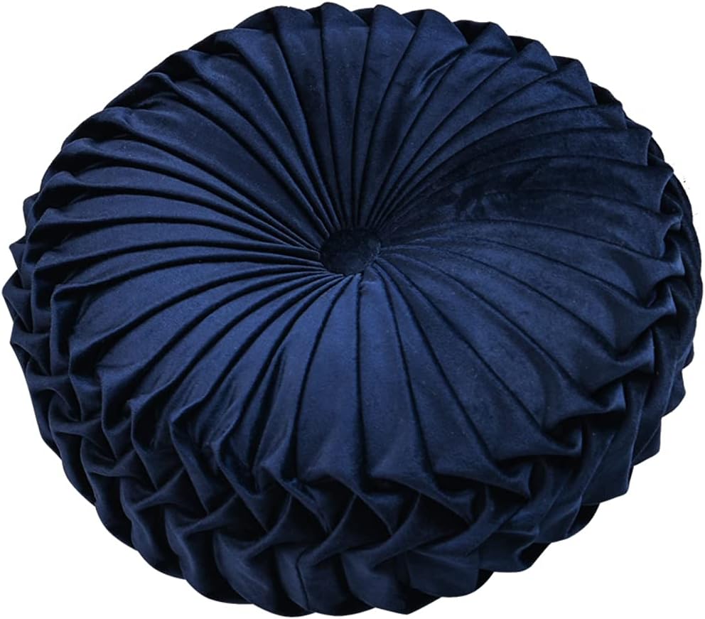 Xinhuaya Round Velvet Throw Pillow, Pleated Pumpkin Pillow Chair Cushion Floor Pillow Couch Cushion Floor Pillow (Navy Blue)