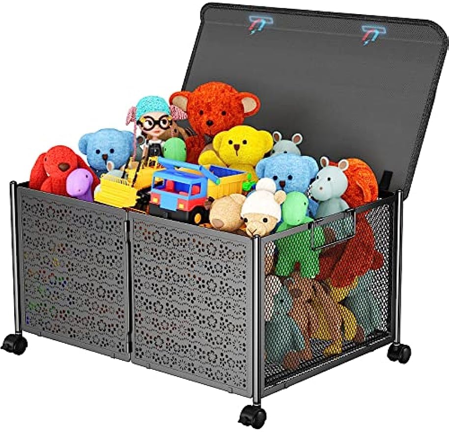 LuckyraoToy Box Storage, Toy Organizers and Storage Bins, Large Toy Box for Boys Girls, 70L Toy Storage Organizer with Wheels, Collapsible Metal Kids Toy Storage for Nursery, Playroom (Black)