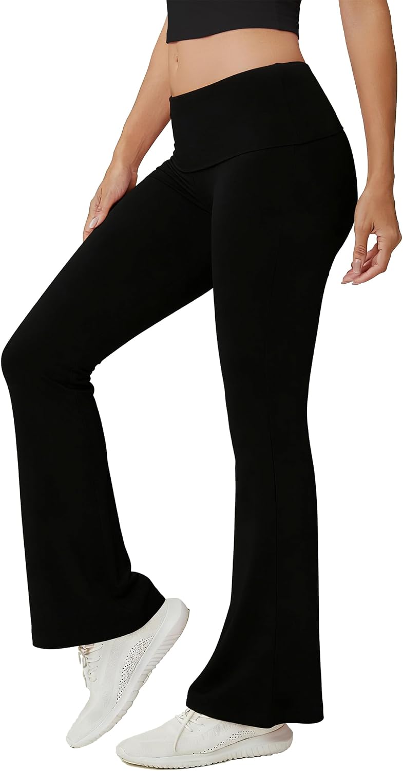 Women’s Flare Yoga Pants with Fold Over Waist – High Waisted Bootcut Lounge Pants Stretchy Comfy Workout Pants