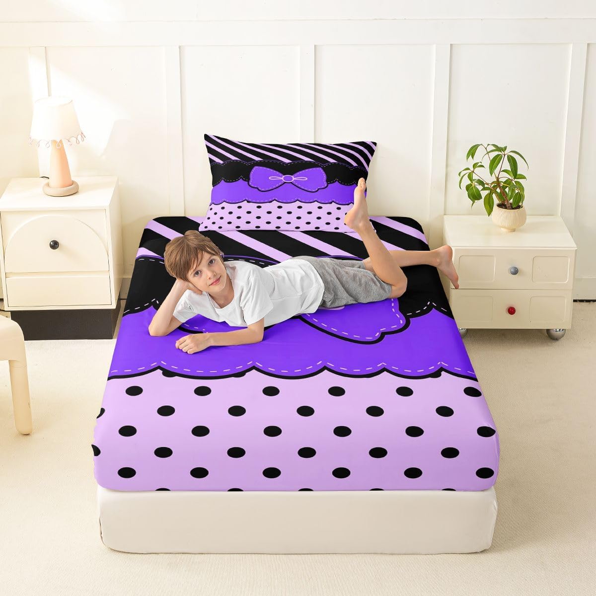 Stripe Dot Kids Twin Size Fitted Sheet,Cute Bow Polka Dots Boys Girls Bed Sheets,Vintage Girly Room Decor,Black Purple Bedding Set,1 Pillowcase(No Flat)