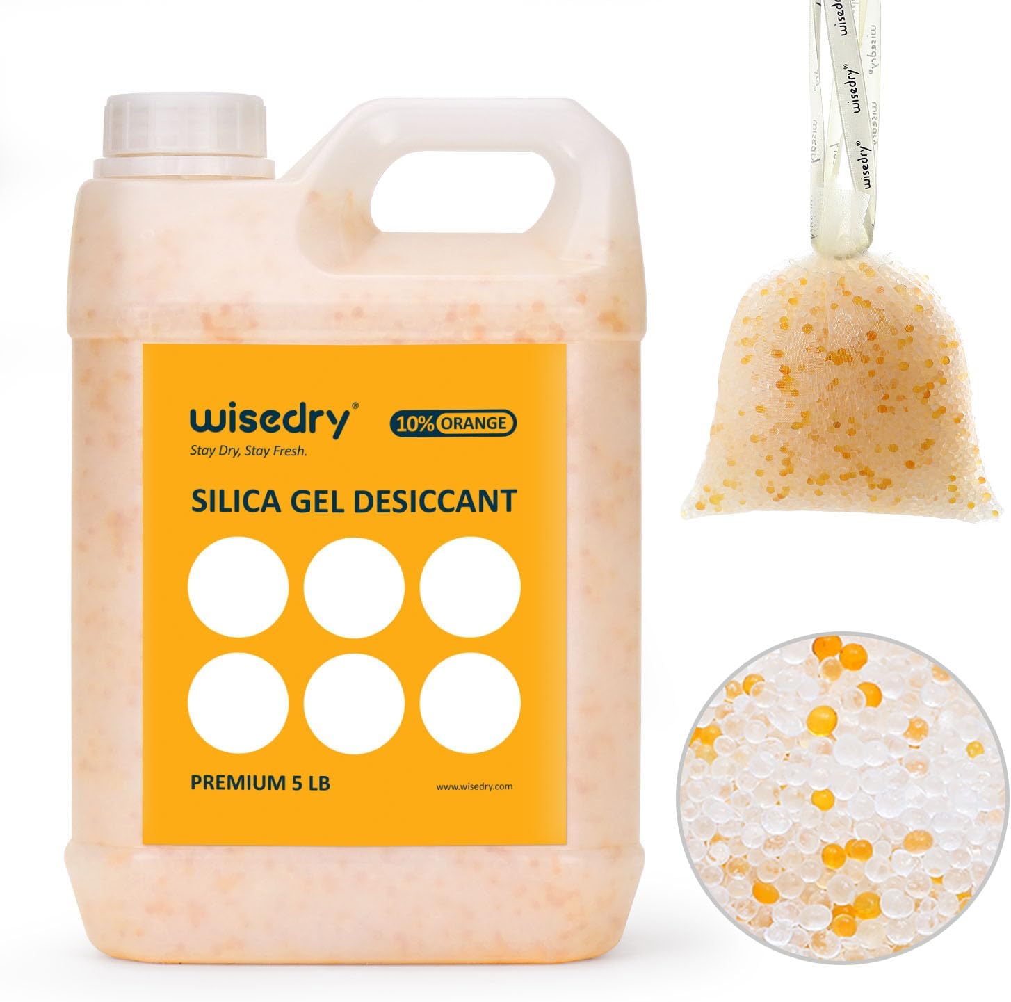 wisedry [ 5 LBS ] Silica Gel Beads Reusable Color Indicating Rechargeable Desiccant Bulk with 10 Pcs Organza Drawstring Bags