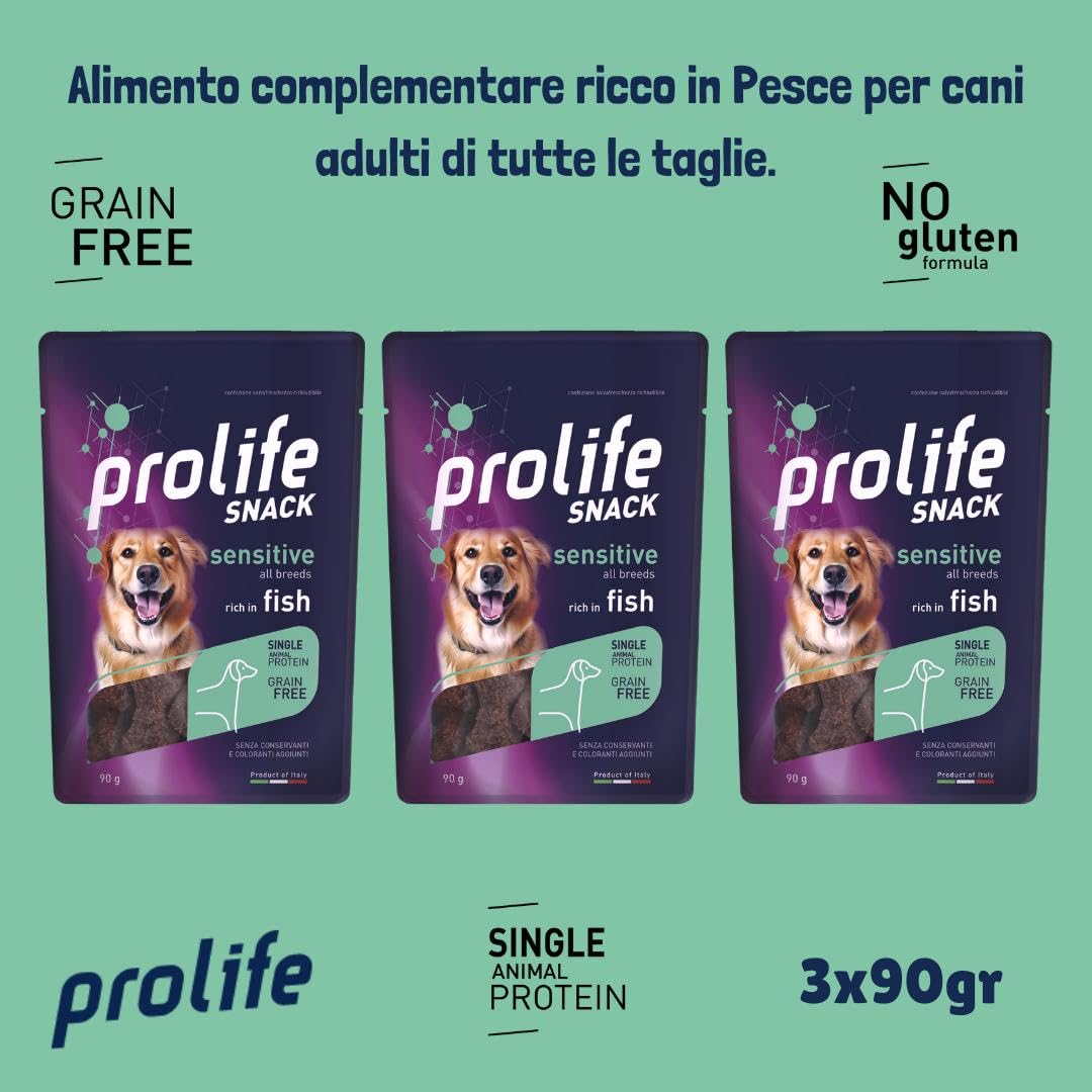 Prolife Snack Cane Adult Sensitive gusto SALMONE, snack per cani adulti di tutte le taglie senza conservanti e senza cereali, grainfree, monoproteico | 3 bustine da 90 grammi l’una.