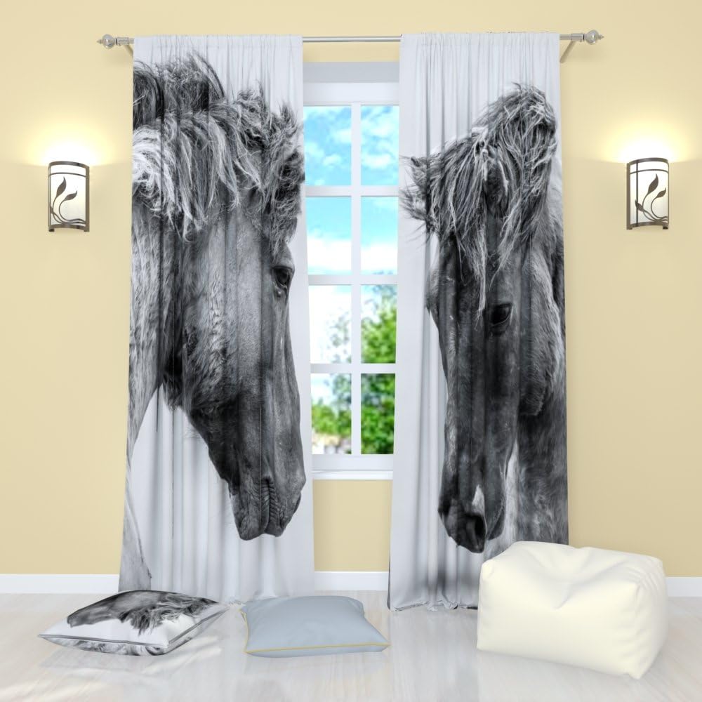 Animal Print Curtains - 84 Inch Length, Horse Curtains for Bedroom, Living Room, Kitchen & Dining Room - Darkening Gray Set of 2 Panels