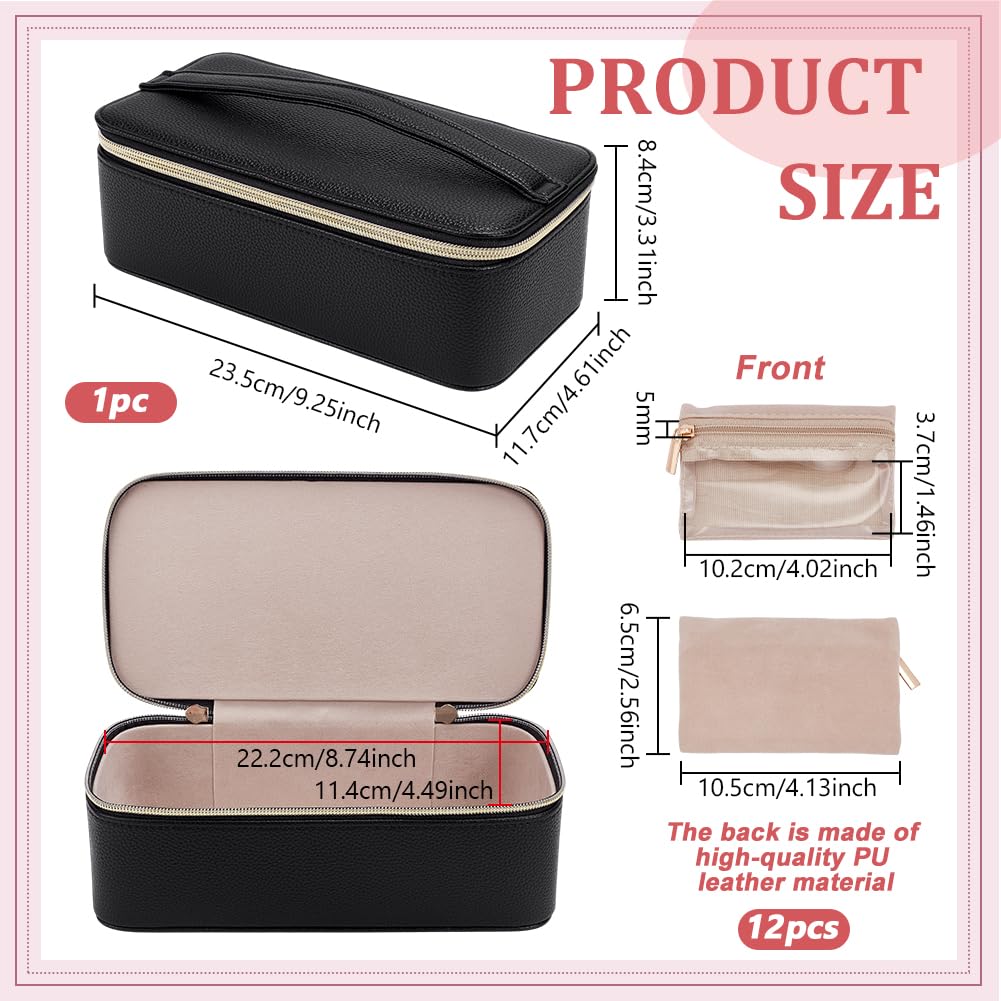 FINGERINSPIRE Joyero con bolsillos, juego de 23,5 x 11,7 x 8,4 cm, negro, organizador de joyas de viaje con 12 bolsas de terciopelo, maletín de almacenamiento de piel sintética con asa para proteger