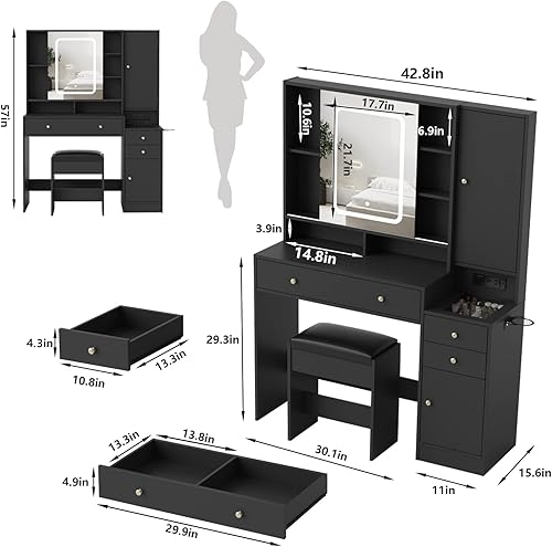 Miniatura 6 de Vabches Vanity Desk with Mirror and Lights, Vanity Table Makeup Vanity with Lights 3 Drawers and Cabinets, Charging Station & Sliding Door, Lots