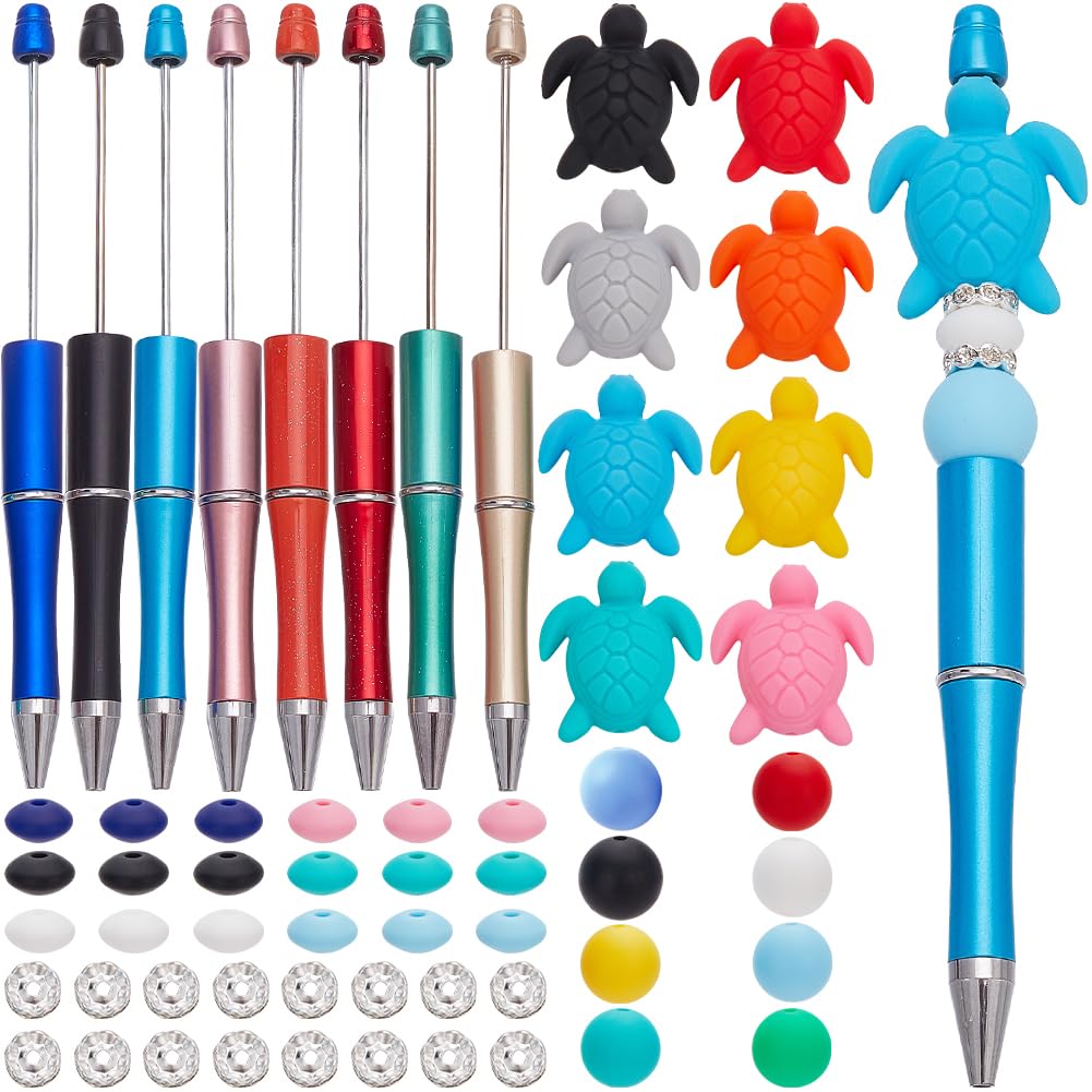 SUNNYCLUE DIY 8 Sets Silicone Pen Kits Bead Pens Bulk Beaded Pen Ocean Ball Point Pen Summer Sea Turtle Silicone Beads Rhinestone Spacer Beads Beadable Pens for Teachers Students Gifts Office School