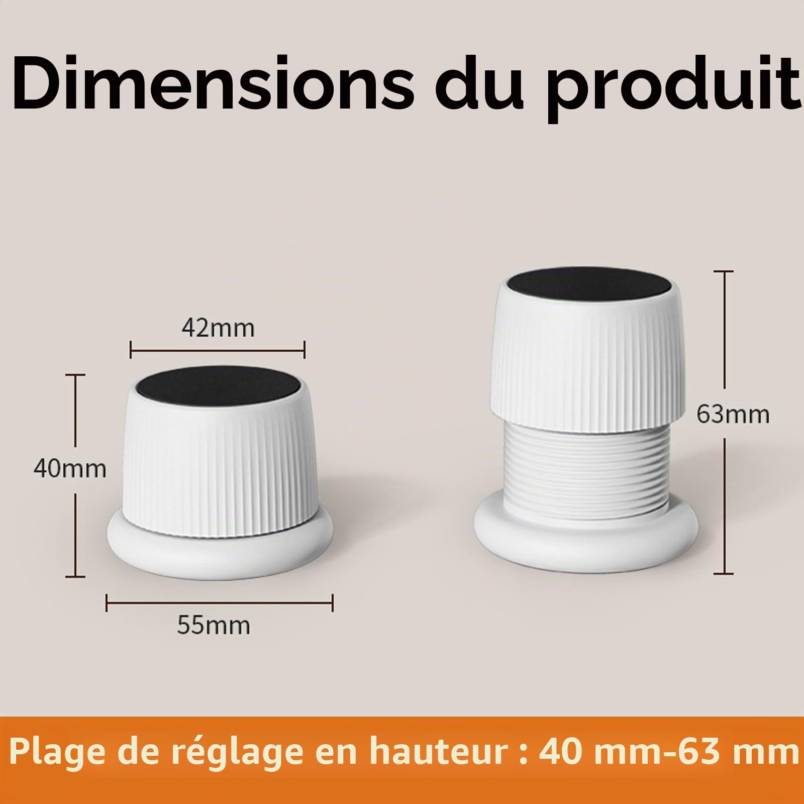 SagaSave Lot de 4 Rehausseurs Réglables Antidérapants pour Meubles, Lits, Canapés, Tables et Chaises, Pieds de Meubles Réglables De 4,1 à 6,3 cm, Blanc