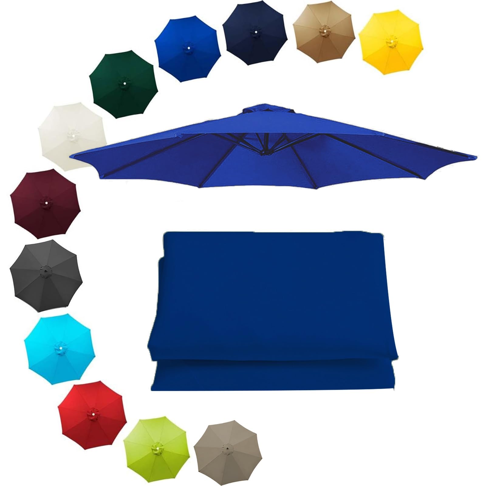 200cm 230cm 250cm 270cm 300cm 350cm/6ribs 8 Ribs Replacement Parasol Fabric Cover, Sun Umbrella Replacement Cloth, Garden Parasol Canopy Cover(Blue,9.8ft(300cm)/6 arms)