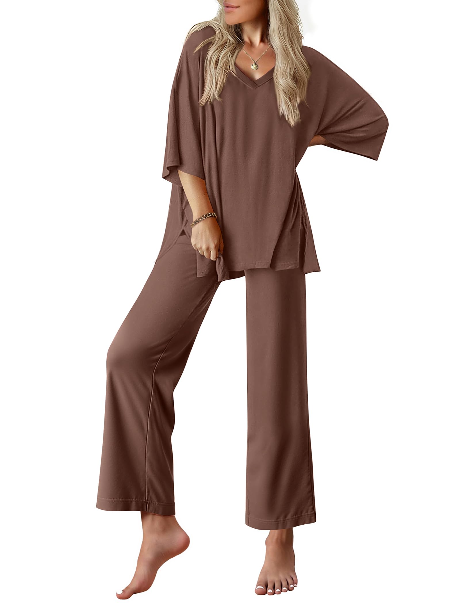 Ekouaer Lounge Sets for Women Pajamas Set Short Sleeve Tops and Long Pants Soft 2 Piece Outfits with