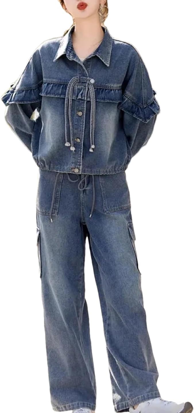 Women Vintage Jeans Two Piece Set Spring Fall Cowboy Jacket and Wide Leg Pants Denim Suit Large Size 2 Piece Sets