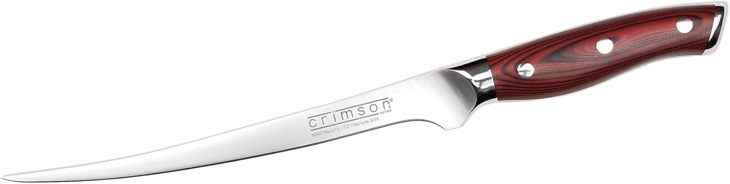Ergo Chef Crimson Series 7.5-Inch Curved Flexible Fillet Knife - Forged High-Carbon German X50CrMoV15 Stainless Steel Blade - Durable G10 Handle for Fish and Meat Filleting & Deboning
