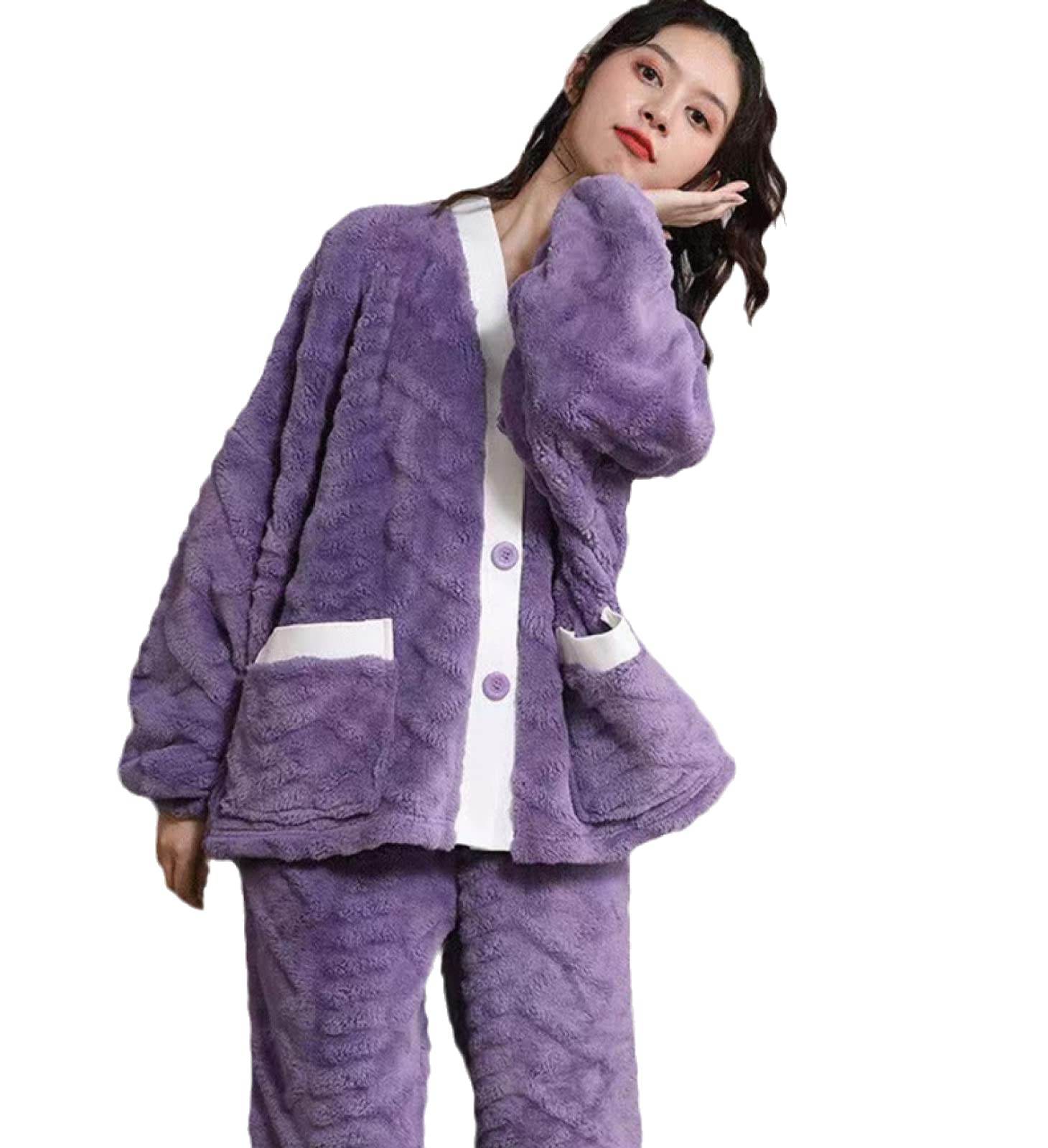 Set Pigiama in Pile Donna -Pigiama da Donna Invernale Set Elegante Dolce Addensare Pigiama di Flanella Calda Pigiama Morbida da Notte Manica Lunga Abbigliamento Domestico Comodo Pigiama
