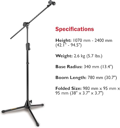 Miniatura 6 de Hercules MS533B EZ - Soporte para micrófono con trípode Hideaway 2 en 1 y clip de micrófono EZ, ajuste de perilla única, con un paño de limpieza