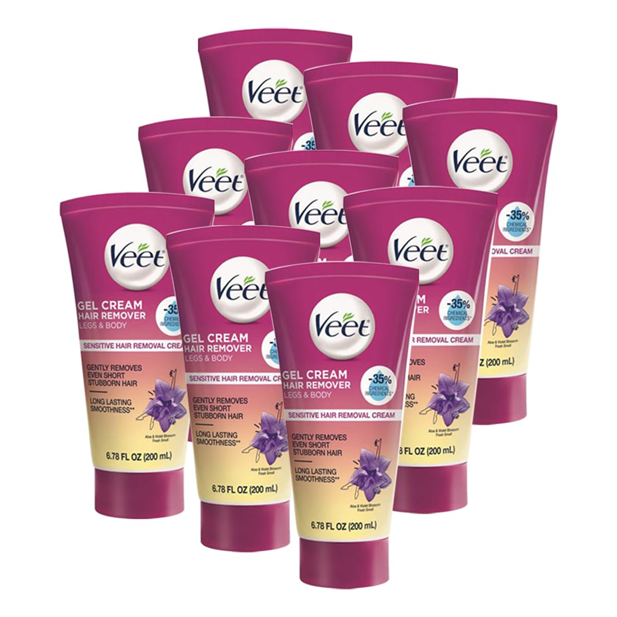 Sensitive Skin Formula with Aloe Vera and Vitamin E, Dermatologically Tested Hair Removal Gel Cream 6.76 Fl Oz. for Legs & Body (9 Pack)