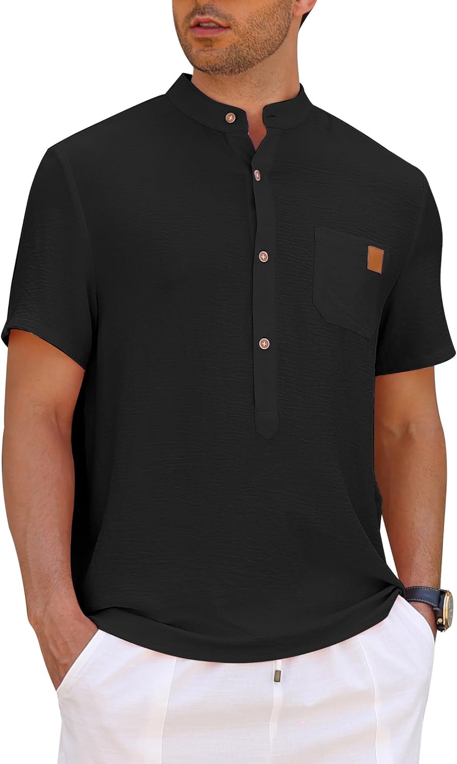 OLEMEK Men's Henley Shirts Band Collar Short Sleeve Casual Basic Tee Summer Button Henley Soild T Shirt with Pocket
