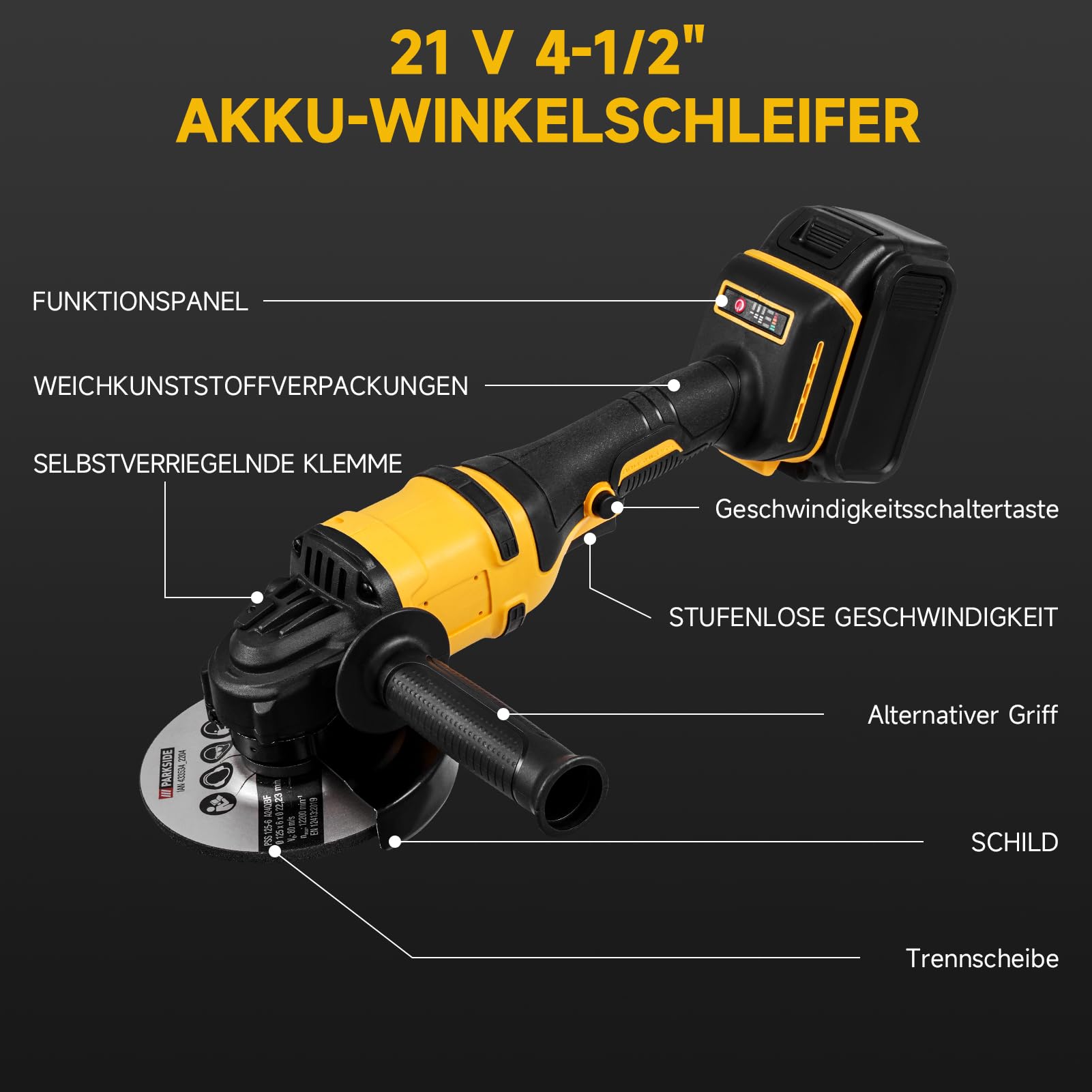 21V Akku-Winkelschleifer mit bürstenlosem Motor, inklusive Akku und Ladegerät, 125-mm-Trennscheiben zum Trennen, Schleifen und Polieren, 30.000 U/min (Eine Batterie)